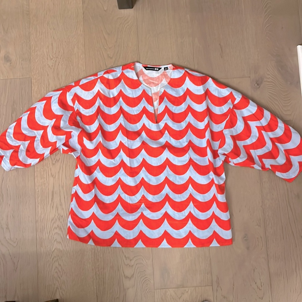 Marimekko For Uniqlo Women's Linen Orange and Blue 3/4 Sleeve Blouse Size S